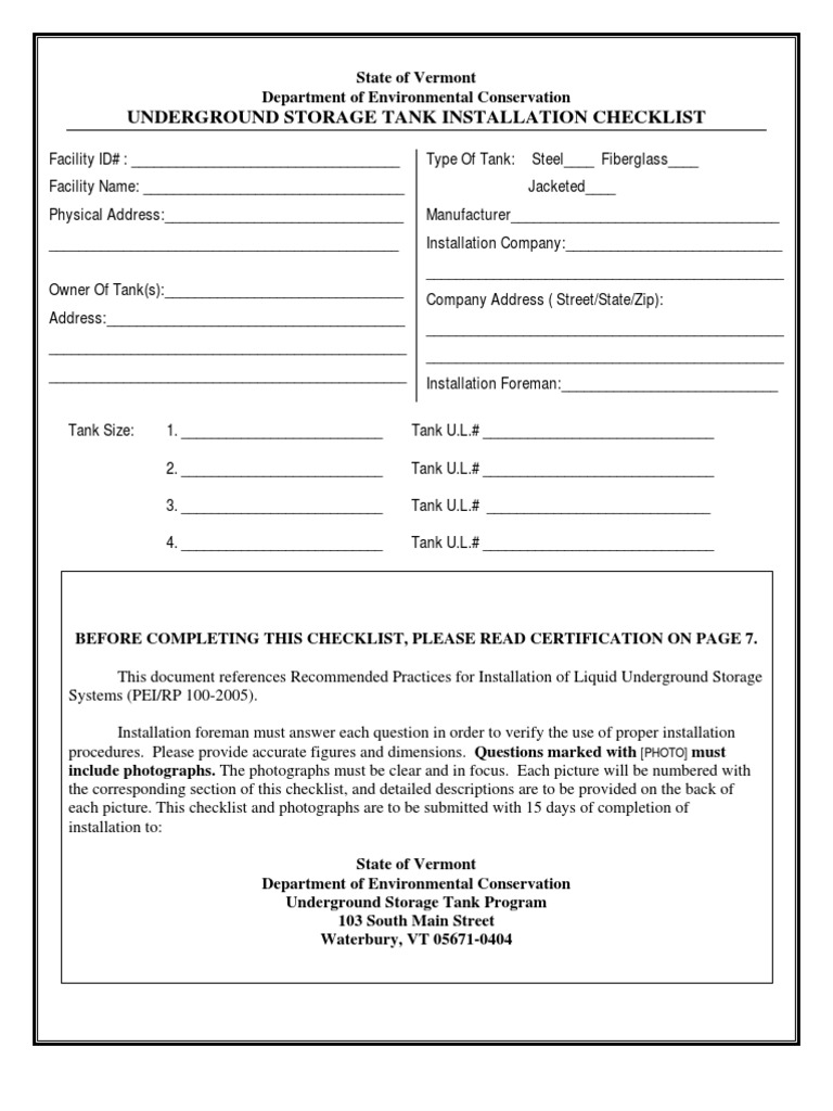 Underground Storage Tank Installation Checklist: (Photo) | PDF ...