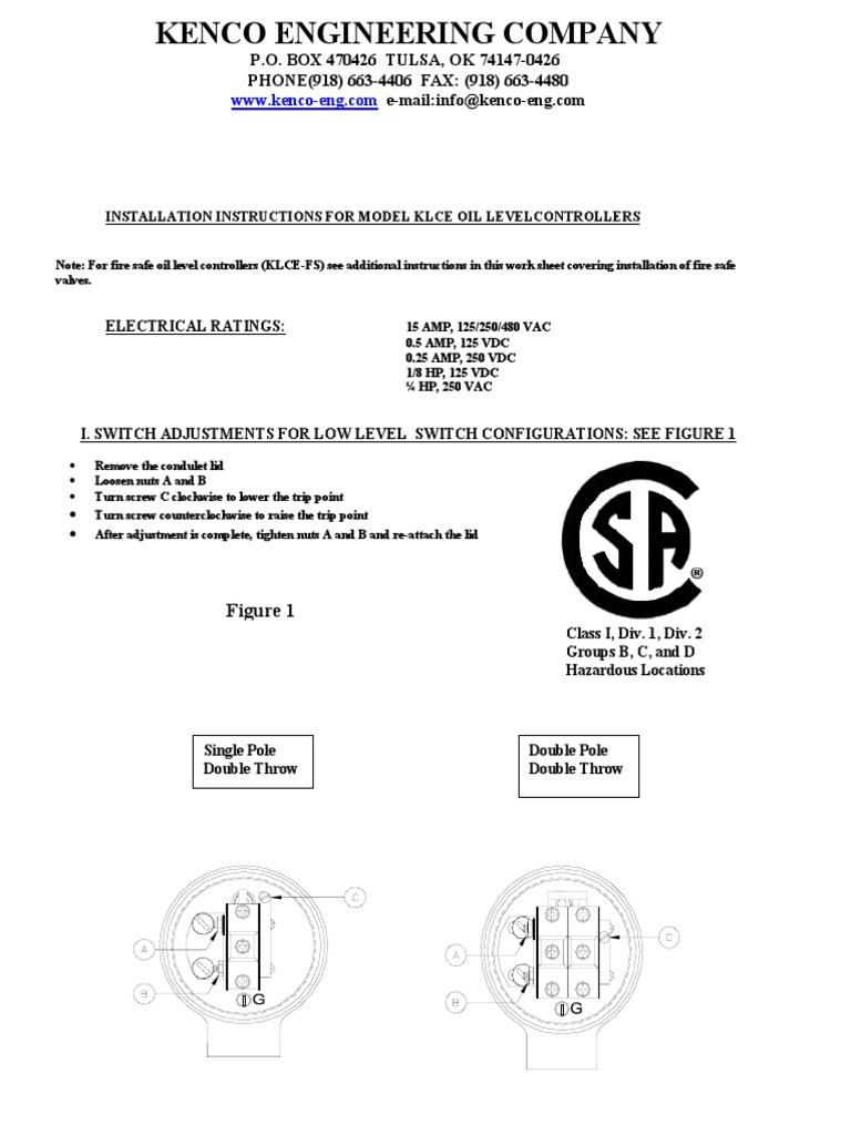 Kenco Installation Instructions Model KLCE Oil Level Contr PDF