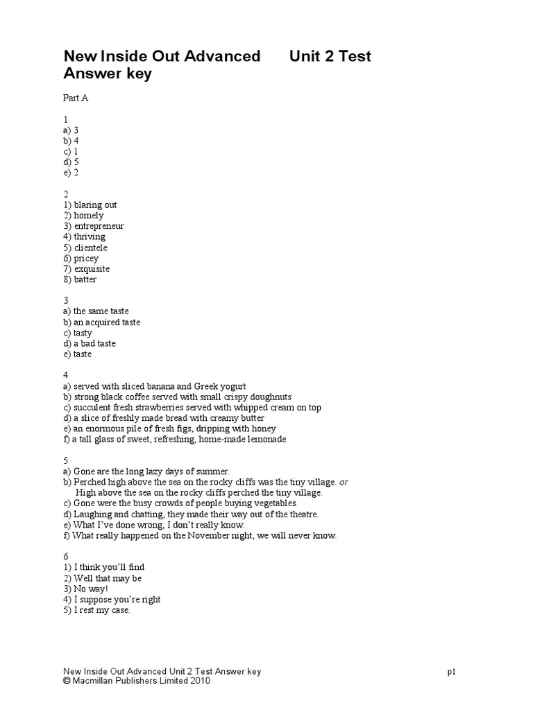 Unit 2 Test Answer Key | PDF | Cooking, Food & Wine