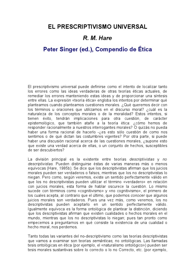 Prescriptivismo Universal en Ética | PDF | Utilitarismo | Verdad