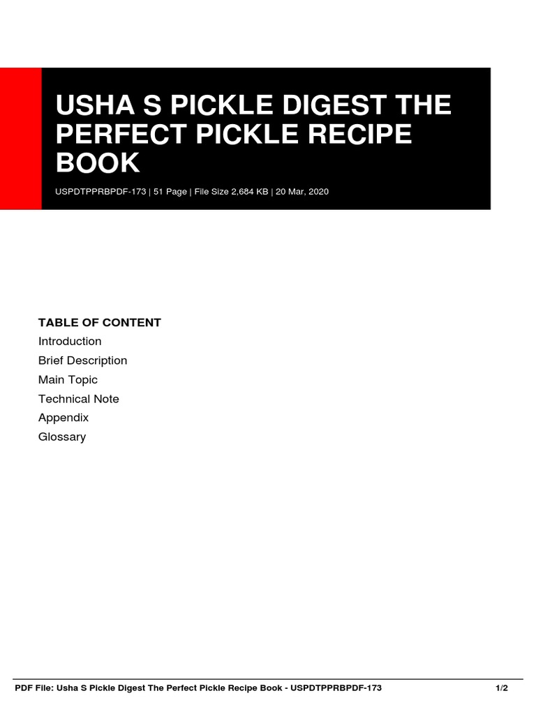 Usha S Pickle Digest The Perfect Pickle Recipe Book Table of Content PDF