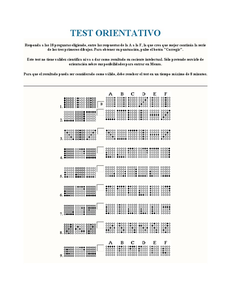 Test Preliminar de Mensa: Orientación | PDF | Prueba / examen | Ocio