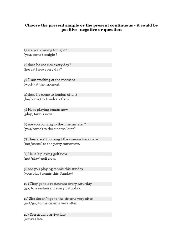 Present Simple vs Present Continuous - Positive, Negative & Questions | PDF