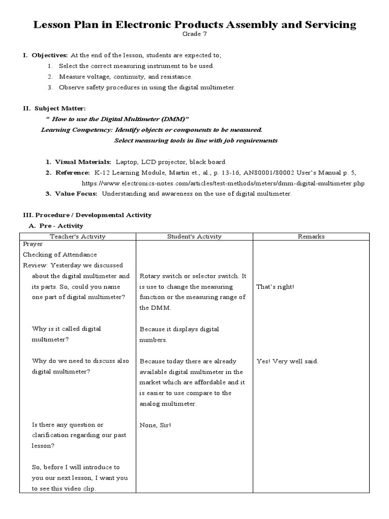 Lesson Plan in Electronic Products Assembly and Servicing PDF Voltage Direct Current