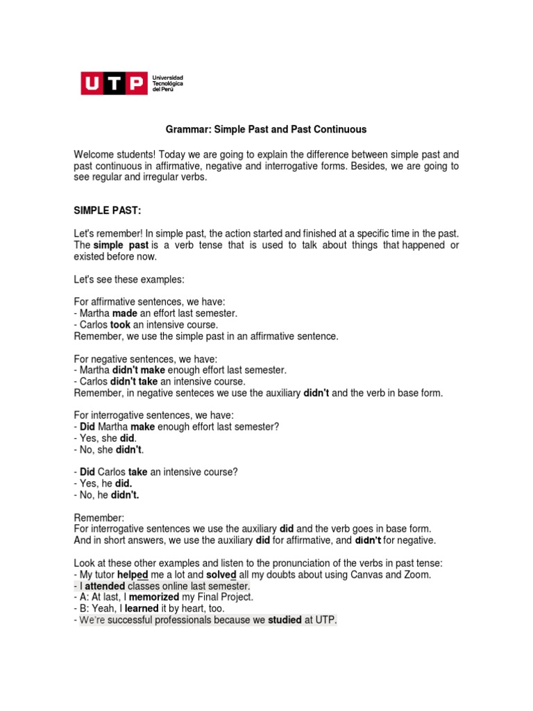 PDF - Grammar Simple Past and Past Continuous | PDF | Consonant | Verb