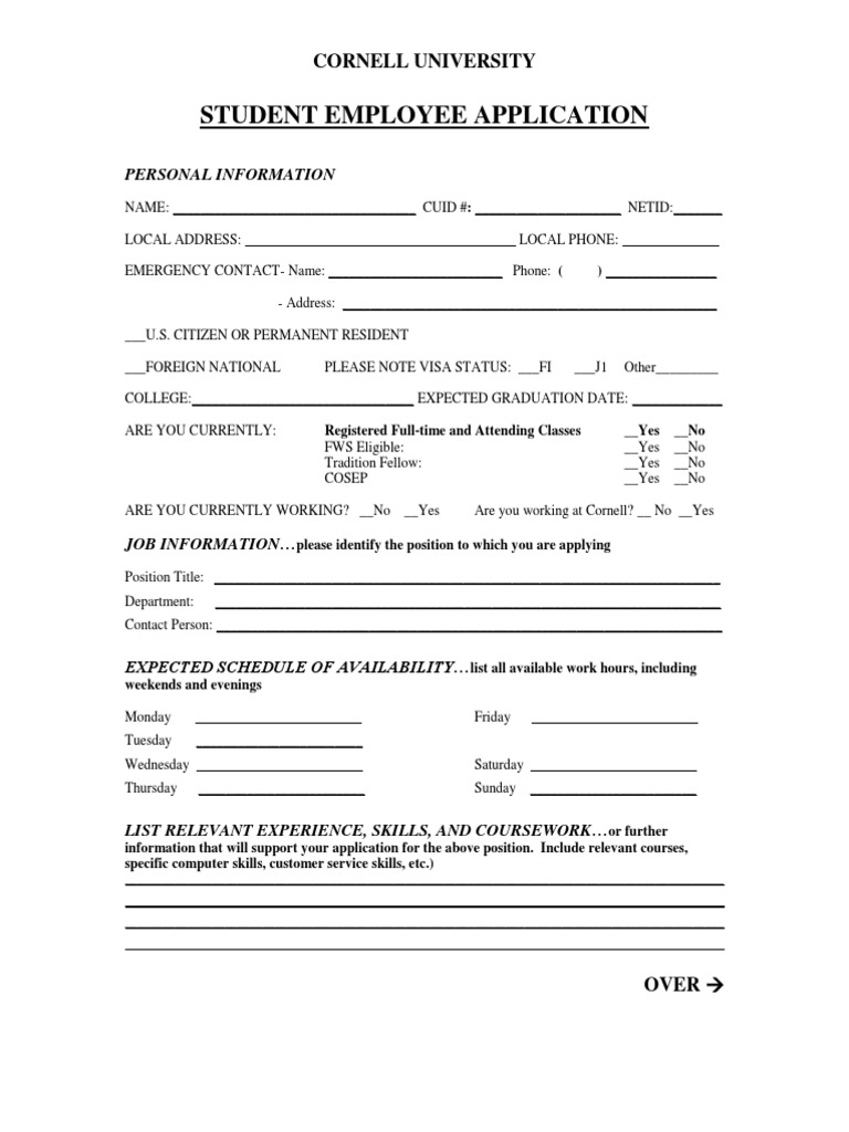 Cornell Student Employee Application Form | PDF | Workweek And Weekend ...