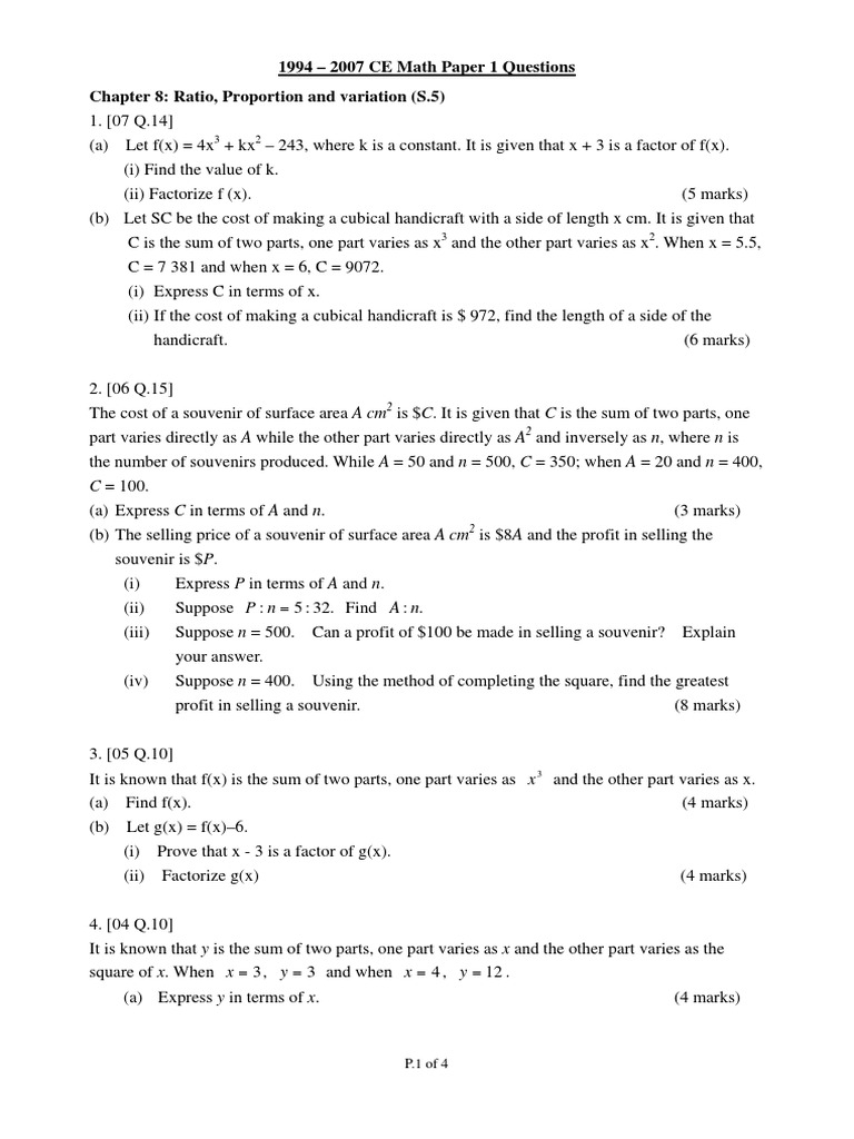 1994 2007 ce math paper 1 questions chapter 8 ratio proportion and