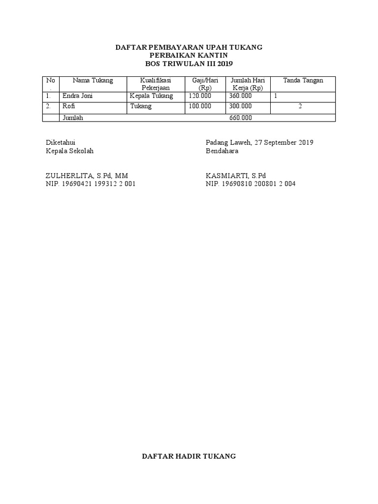 Daftar Pembayaran Upah Tukang 2019 | PDF
