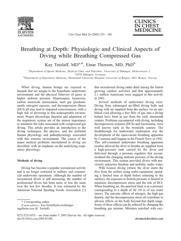 Breathing at Depth Physiologic and Clinical Aspects of Diving While ...