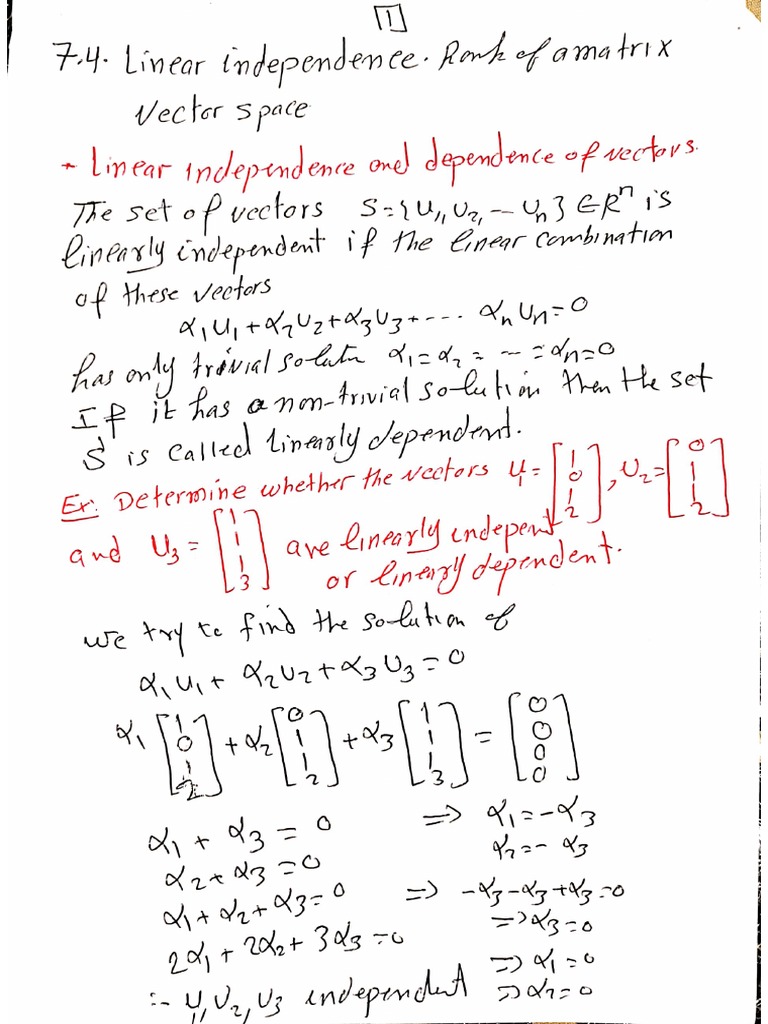 7.4 Linear Independence - Rank of A Matrix Vector Space | PDF