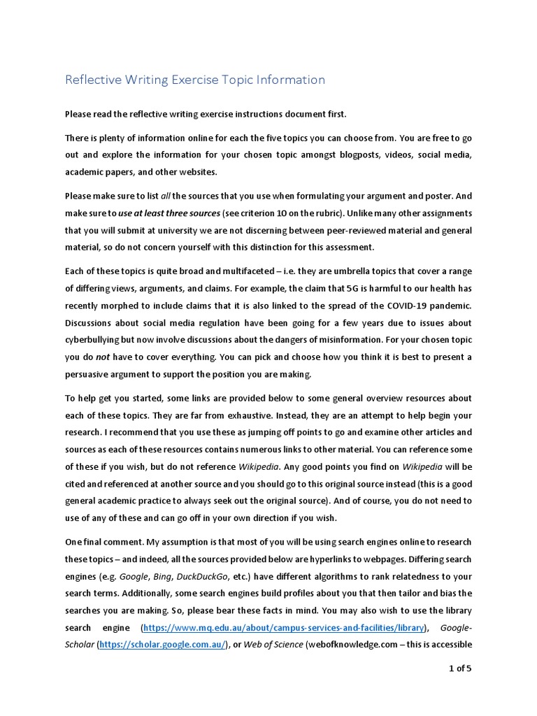 Reflective Writing Exercise Topic Information: Scholar ( | PDF | Social ...