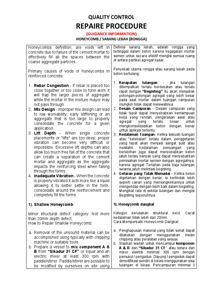 Prosedur Perbaikan Honeycomb Beton | PDF
