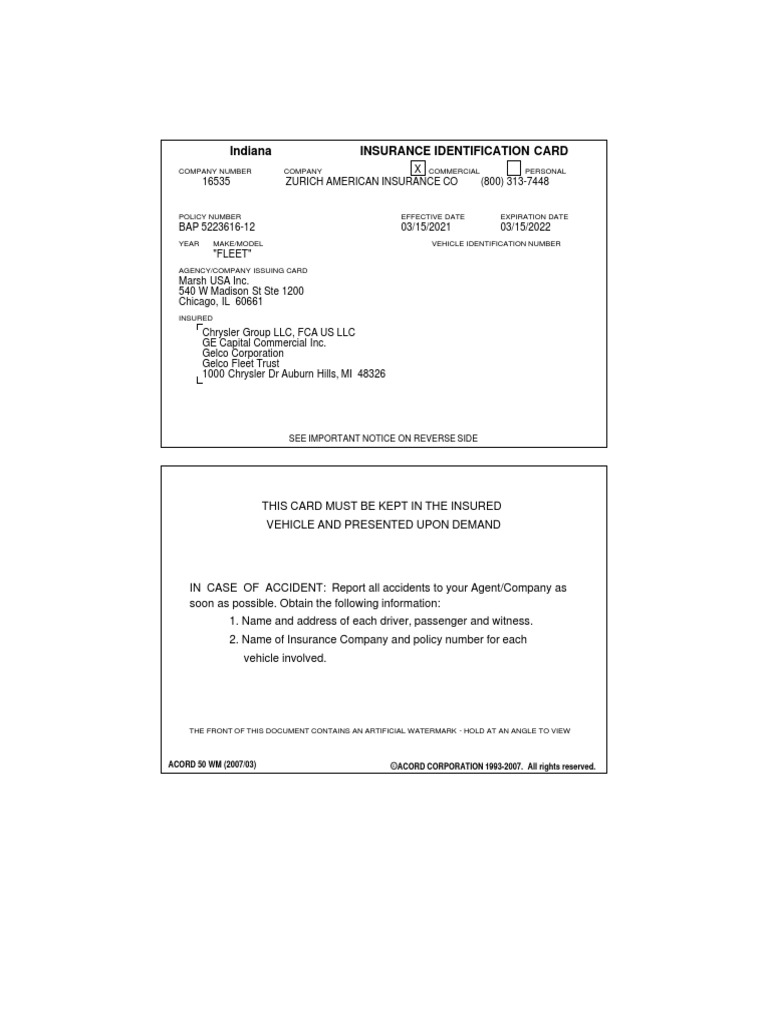 Indiana Insurance Identification Card: See Important Notice On Reverse ...