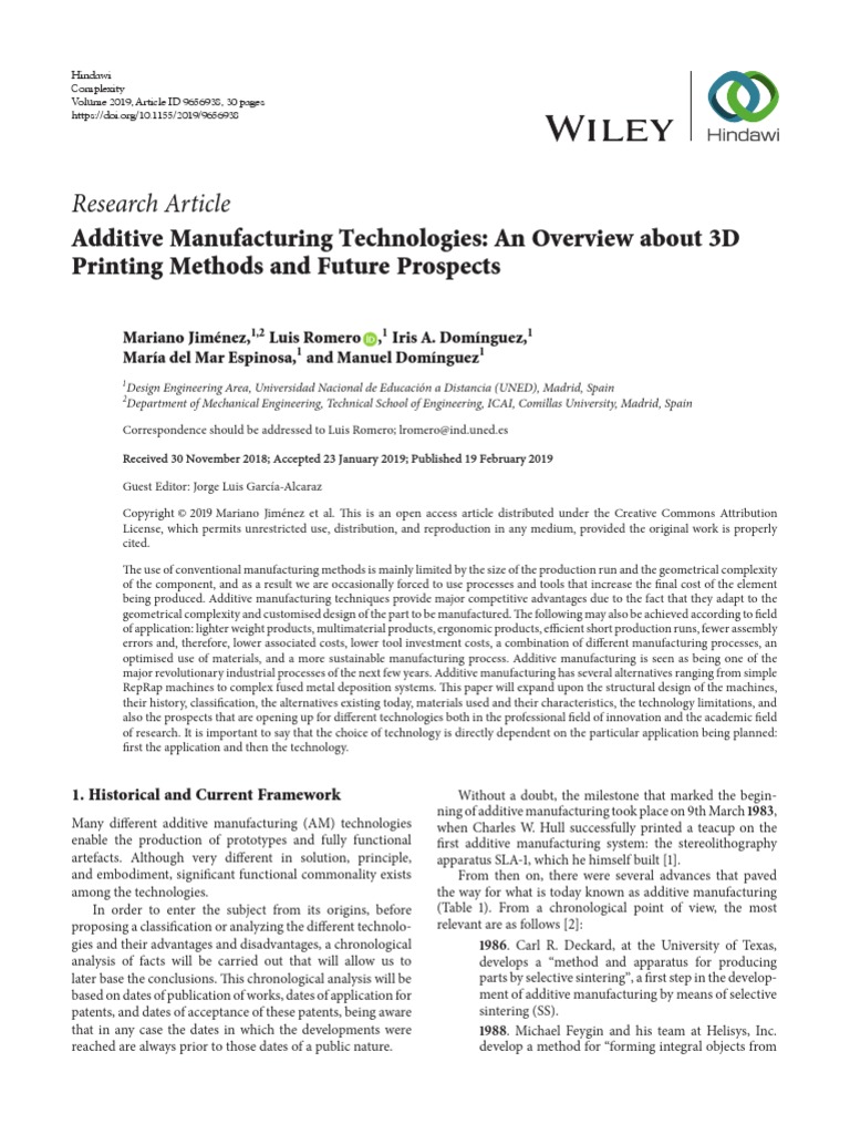 Research Article: Additive Manufacturing Technologies: An Overview ...