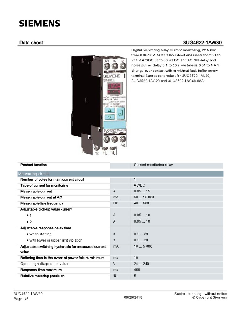 Data Sheet 3UG4622-1AW30: Measuring Circuit | PDF | Relay | Alternating ...