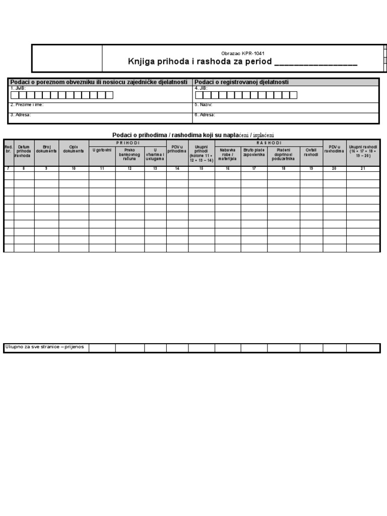 DFPU-Obrazac-KPR-1041-Knjiga - Prihoda - I - Rashoda-B | PDF
