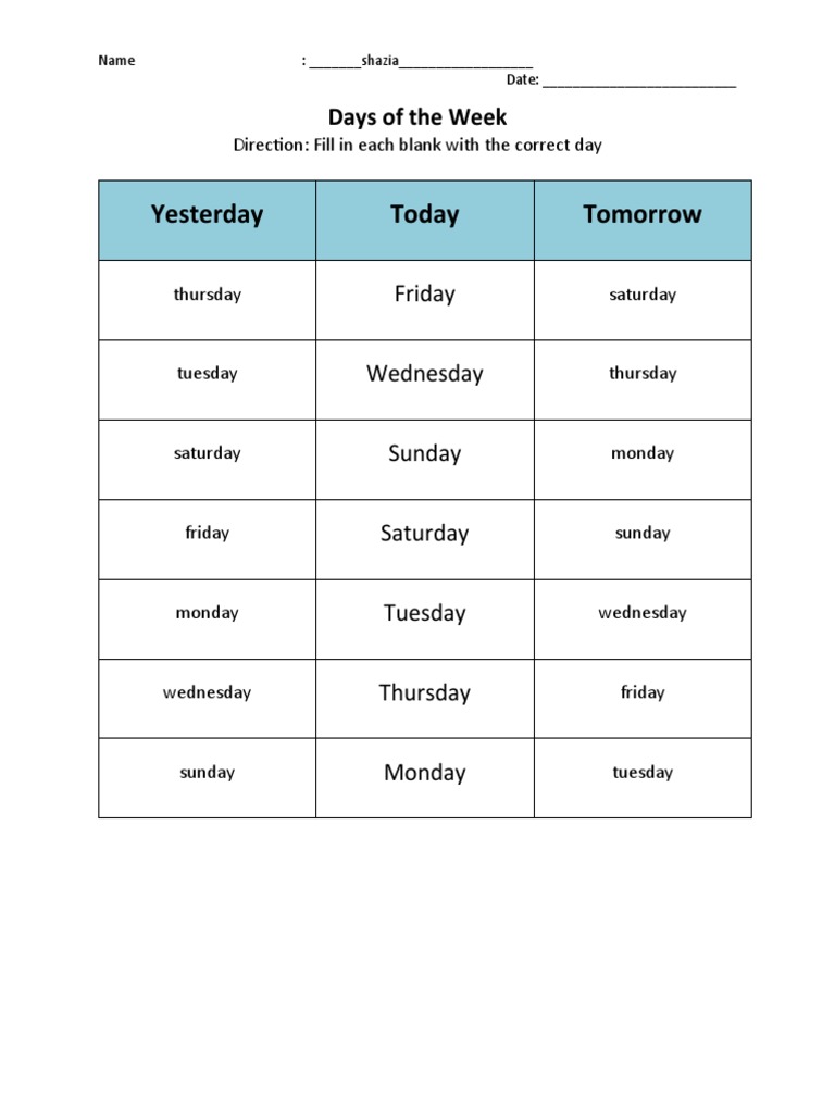 Worksheet - Days of The Week | PDF