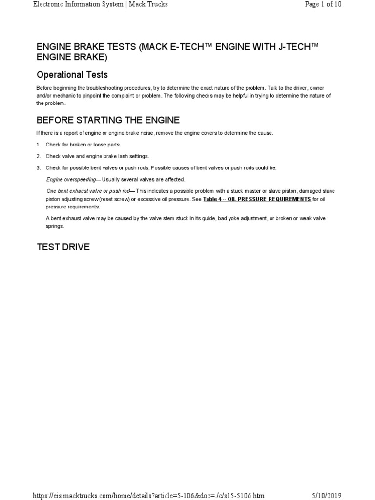 Engine Brake Tests (Mack ETech™ Engine With JTech™ Engine Brake