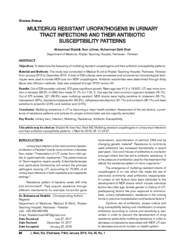 Multidrug Resistant Uropathogens in Urinary Tract Infections and Their
