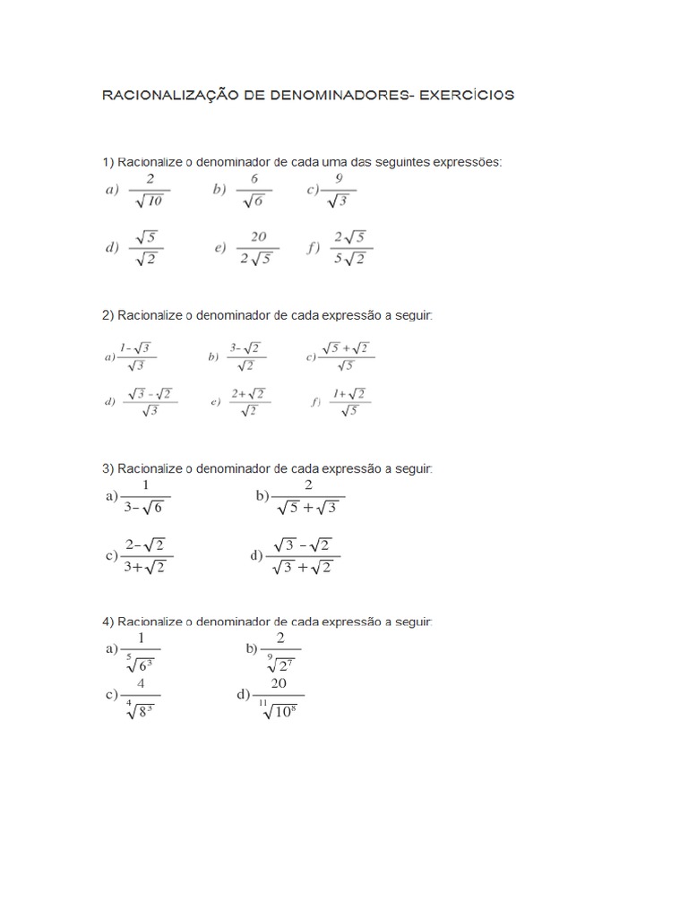 Racionalizacao - de - Denominadores EXERCICIOS BASICOS | PDF