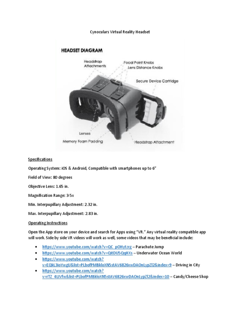 Cynoculars Virtual Reality Headset Manual PDF Virtual Reality