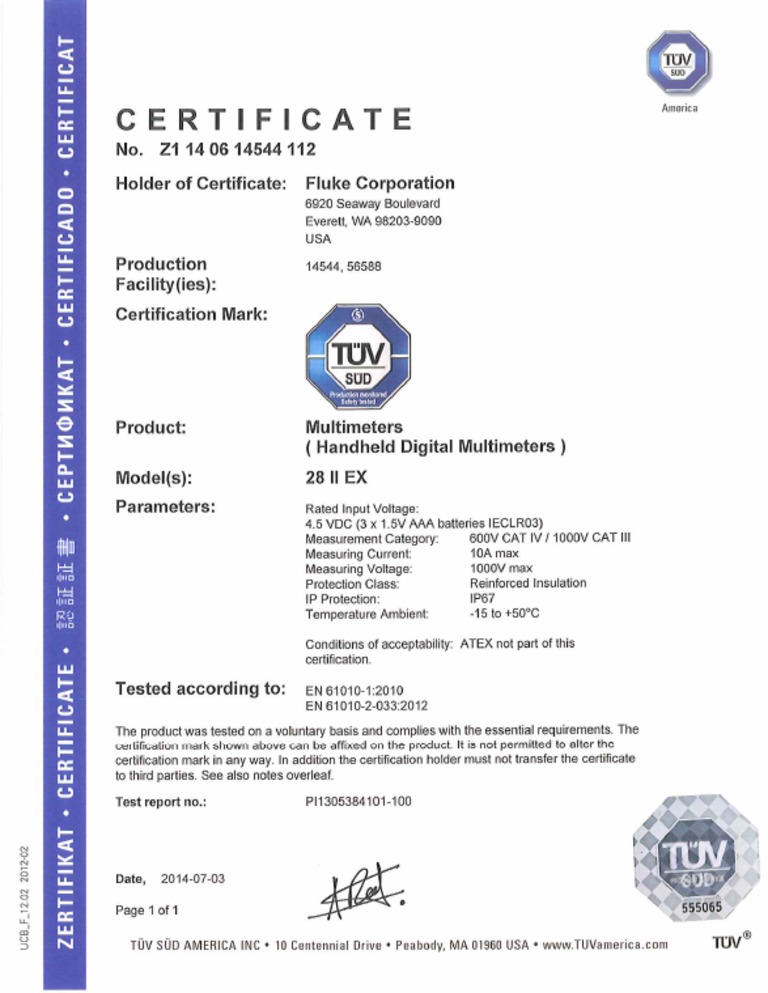 Fluke 28 II EX CERTIFICATE TUV Handheld Multimeter PDF