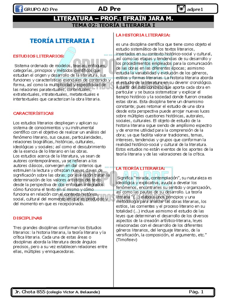 Tema 02 Teoría Literaria I PDF Teoría literaria Teoría