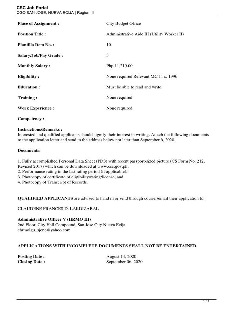 Admin Aide III (Utility Worker II) Job | PDF | Business