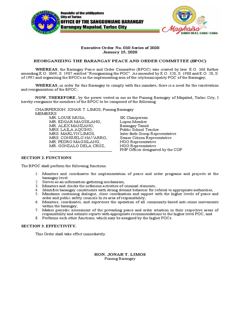 Executive Order No. 010 Bpoc PDF Public Law Policy