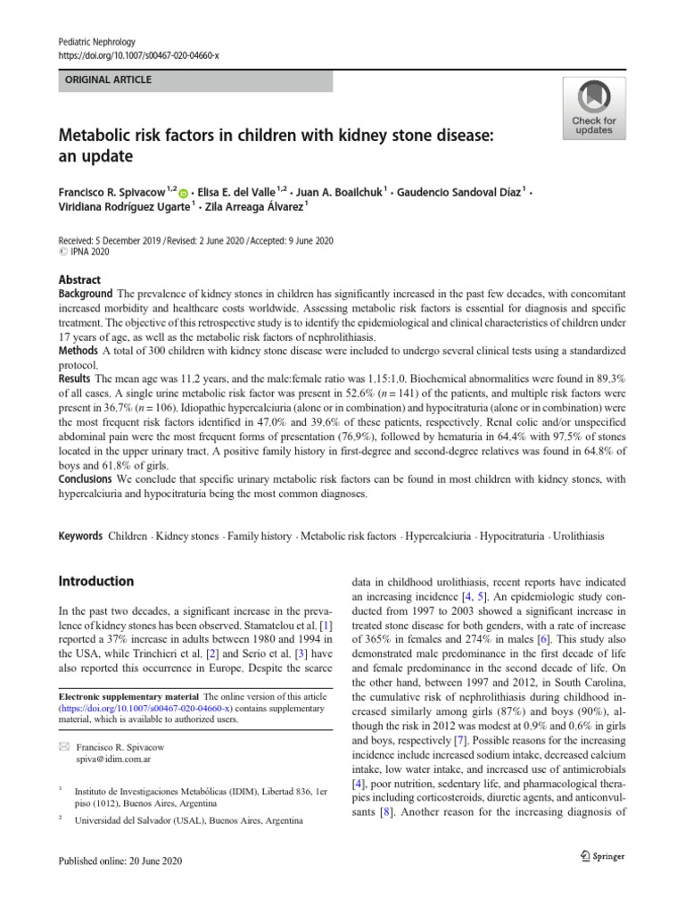 Metabolic Risk Factors in Pediatric Kidney Stones | PDF | Urology ...