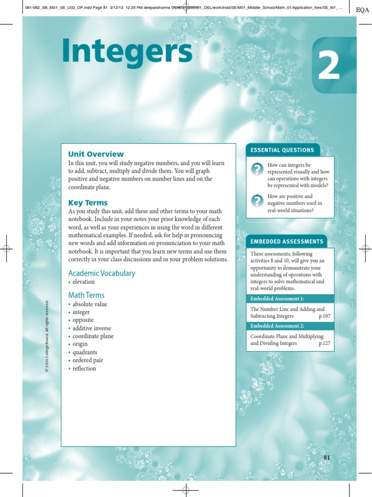 Course 1 Unit 2 SE | PDF | Numbers | Integer