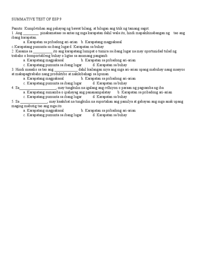 5 ITEM TEST EsP 9 | PDF