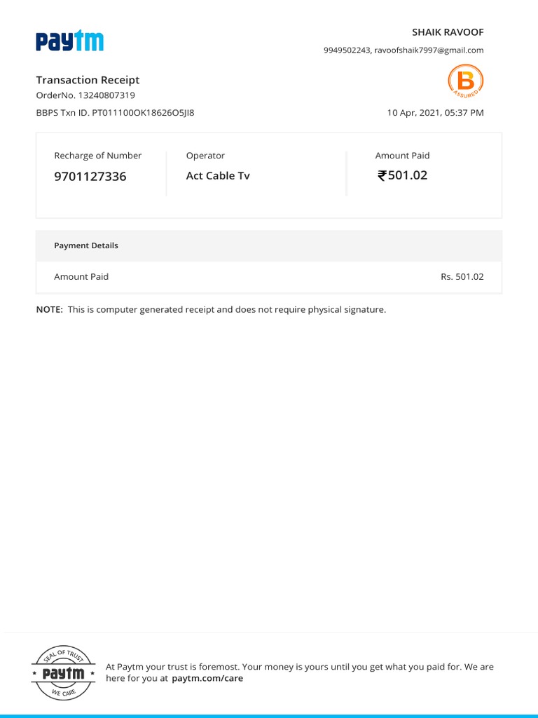 Airtel TV Recharge Receipt - Rs. 501.02 | PDF | Finance & Money Management