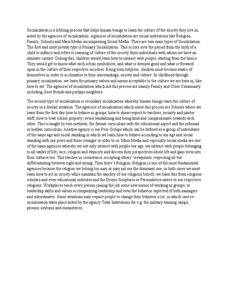 Primary And Secondary Socialization Pdf Socialization Society