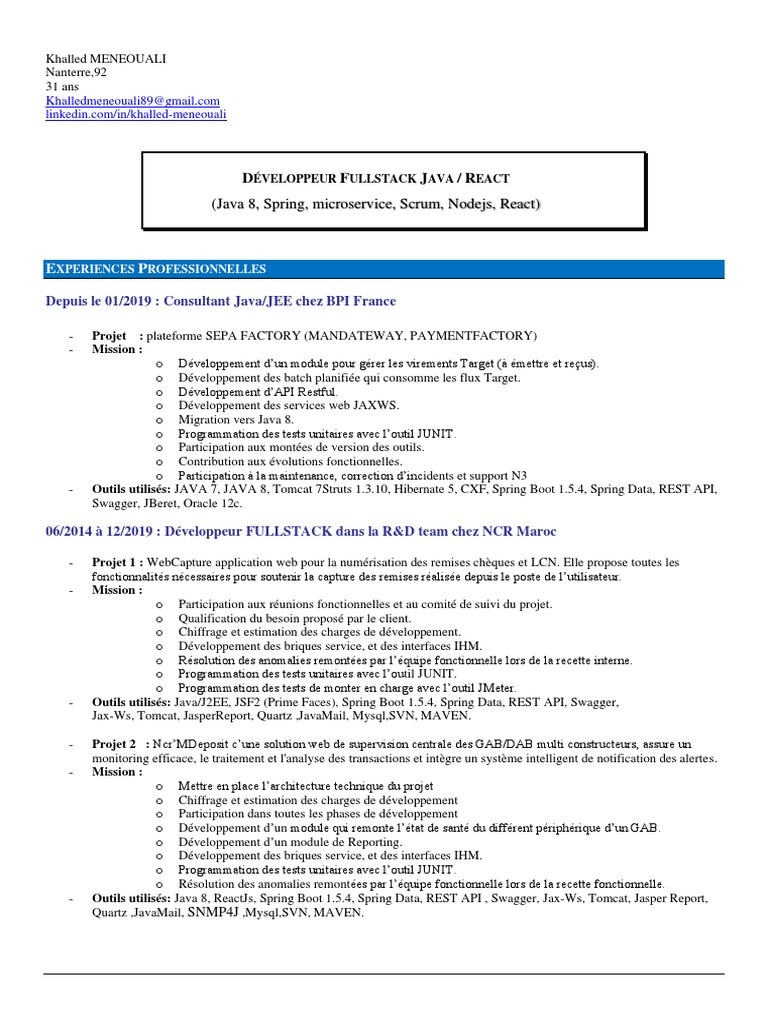 CV Développeur Fullstack Java/React | PDF | Java (Langage de ...