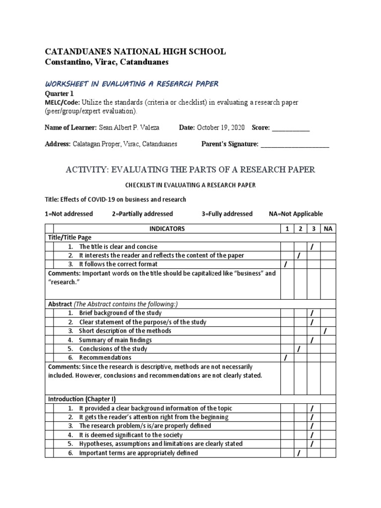 Checklist in Evaluating A Research Paper | PDF | Abstract (Summary ...