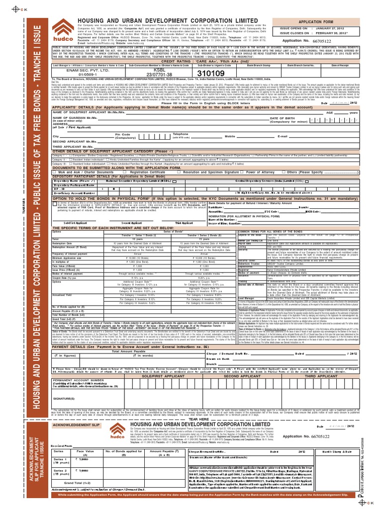 HUDCO Tax Free Bond Application Form | PDF | Bonds (Finance) | Cheque
