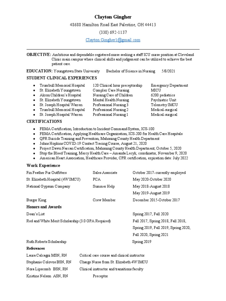 Registered Nurse ICU Position Resume | PDF | Nursing | Medicine