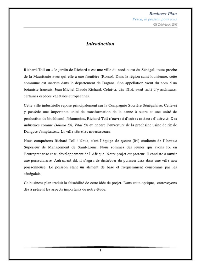 Model Business Plan Poissonnerie Pdf Economie Business