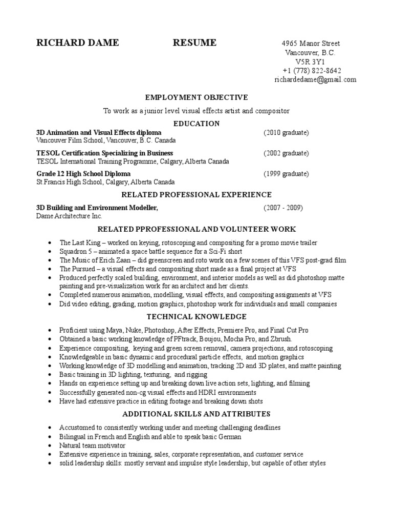 Junior VFX Artist Resume | PDF | 3 D Computer Graphics | Leisure
