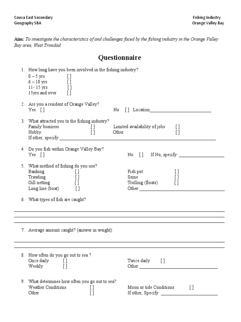 Questionnaire: Bay Area, West Trinidad | PDF | Overfishing | Fish And ...