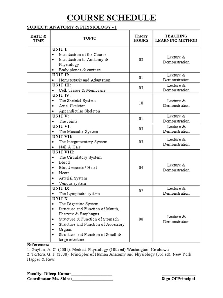 Anatomy & Physiology Course Schedule | PDF | Human Body | Animal Anatomy