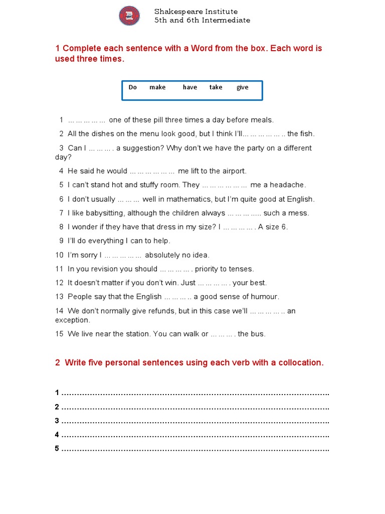 1 Complete Each Sentence With A Word From The Box | PDF | Language Arts &  Discipline