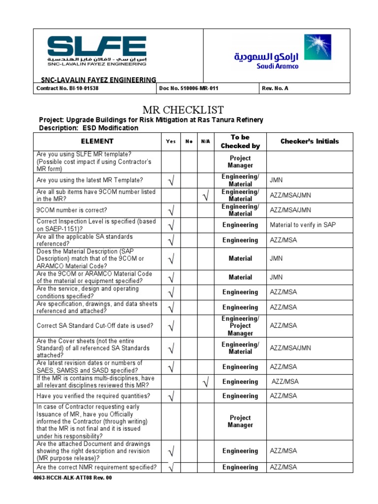 MR Checklist for Ras Tanura Project | PDF | Specification (Technical ...