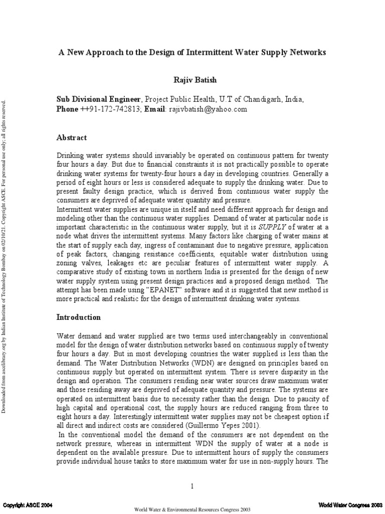 A New Approach To The Design of Intermittent Water Supply Networks ...