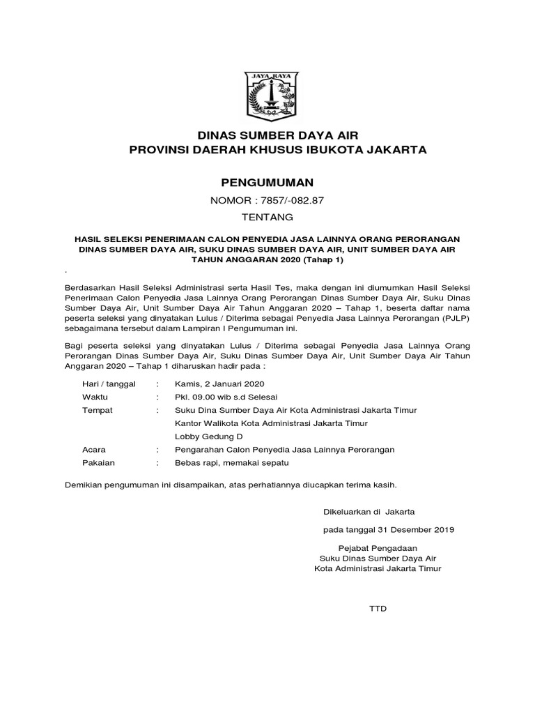 9a5cd Pengumuman Hasil Seleksi Penerimaan Pjlp 2020 Tahap 1 Sudin Timur Pdf