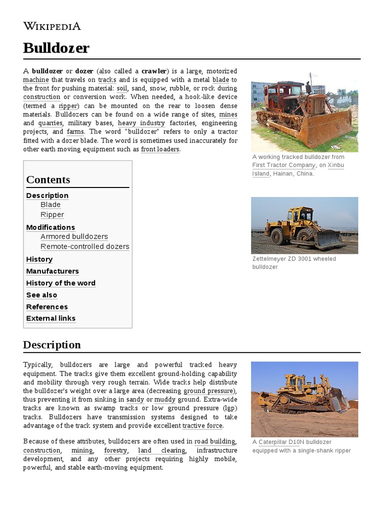 Bulldozer: Description | PDF | Industrial Equipment | Equipment