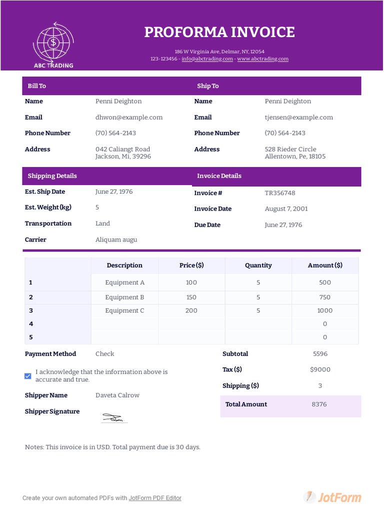 Proforma Invoice Ship To Bill To Download Free PDF Services