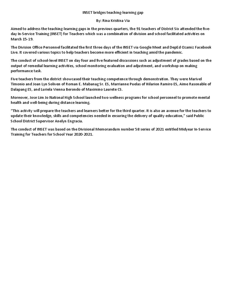 INSET Training Enhances Teacher Skills | PDF | Wellness