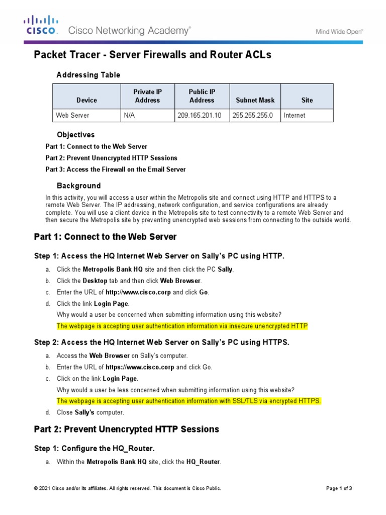 7.4.2.4 Packet Tracer - Server Firewalls and Router ACLs | PDF ...